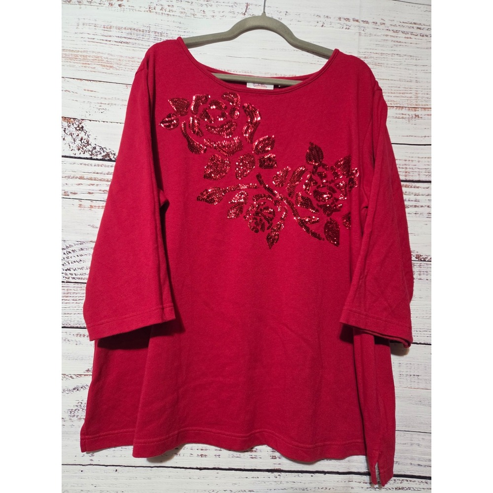 Quacker Factory Womens 2X Red Cotton Sequined Rose Floral 3/4 Sleeve Top